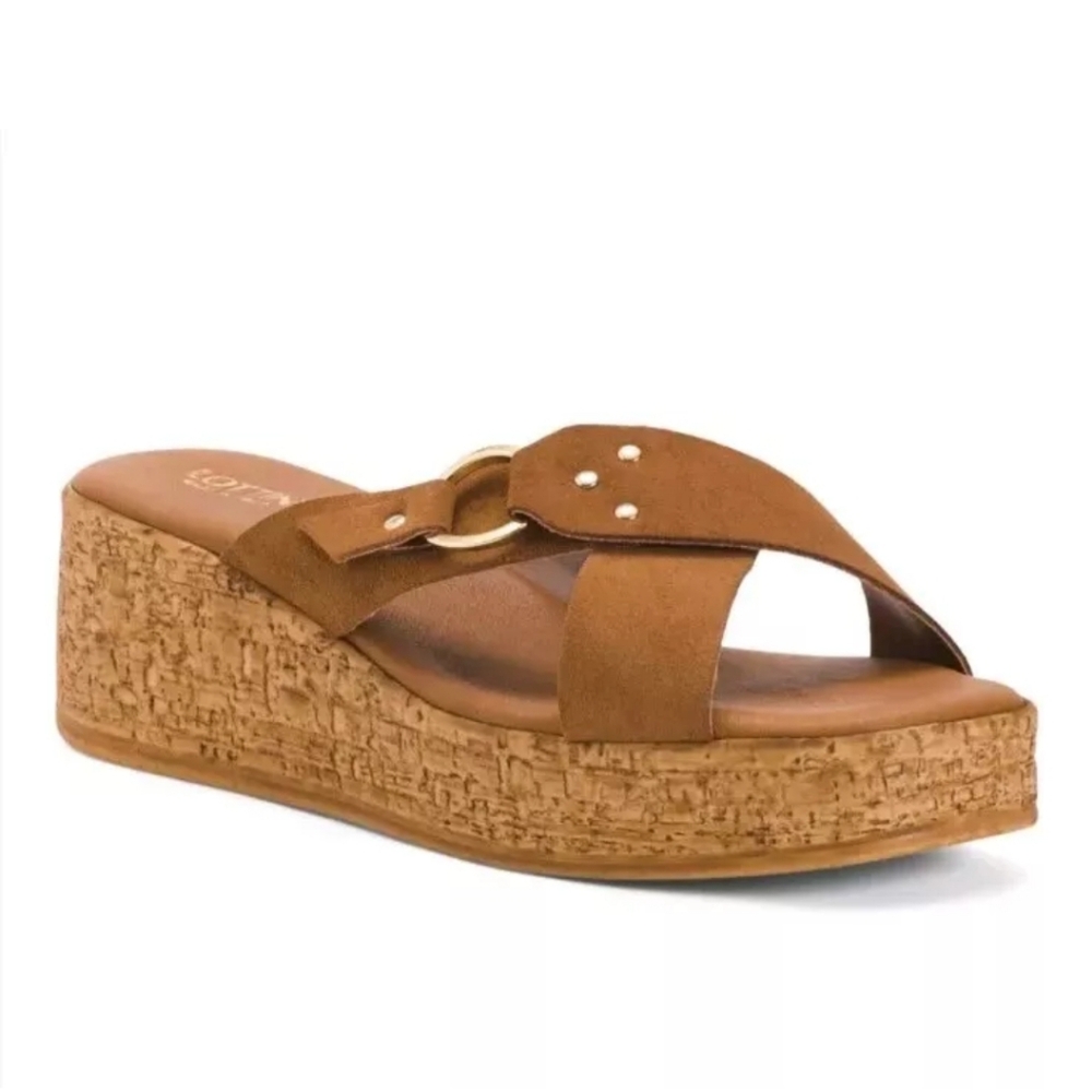 #88-21 LOTTINI Suede Cross Band WedgeWomen's Sandals Cuoio GoldBuckle Size 7(US)